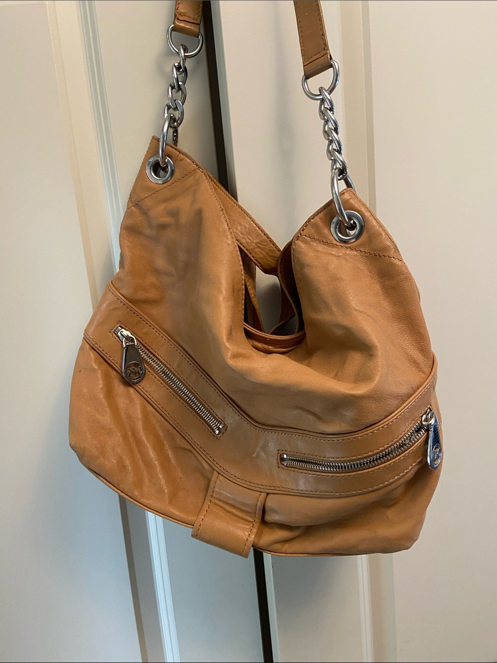 Michael Kors Camel Leather Hobo with Silver Chain Strap